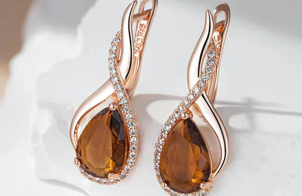 EcoWarra Gold-color Wbmqda Brown Stone Long Drop Earrings For Women 585 Rose Gold Color High Quality Daily Party Jewelry Accessories
