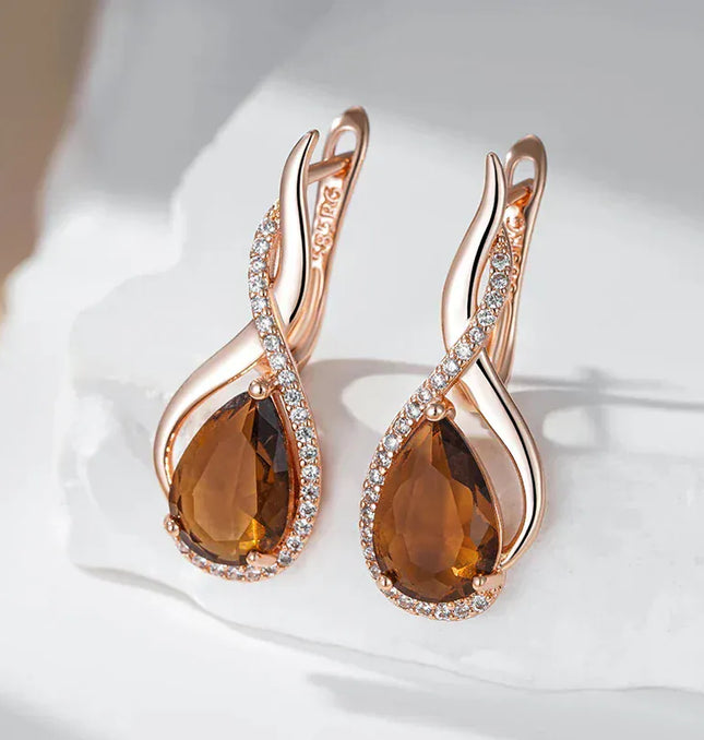 EcoWarra Gold-color Wbmqda Brown Stone Long Drop Earrings For Women 585 Rose Gold Color High Quality Daily Party Jewelry Accessories