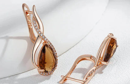 EcoWarra Gold-color Wbmqda Brown Stone Long Drop Earrings For Women 585 Rose Gold Color High Quality Daily Party Jewelry Accessories