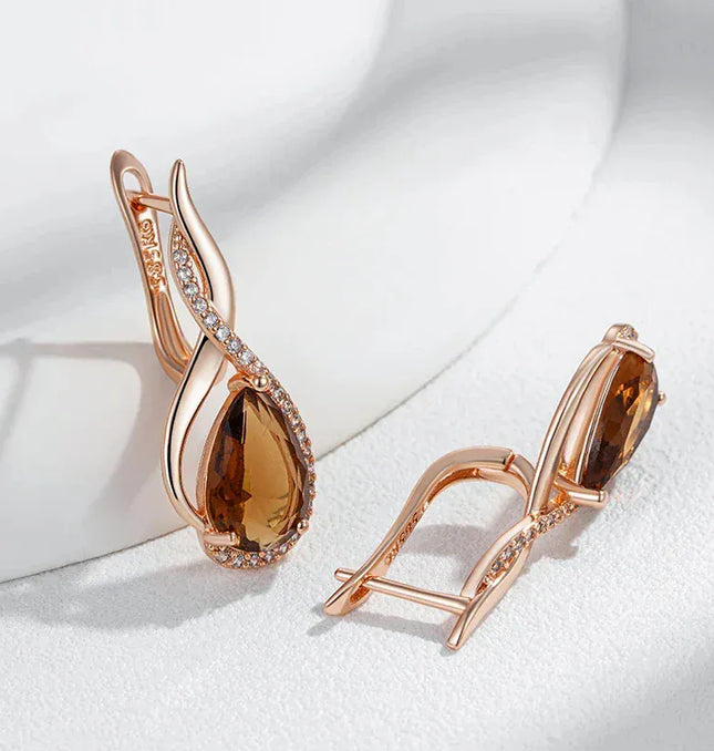 EcoWarra Gold-color Wbmqda Brown Stone Long Drop Earrings For Women 585 Rose Gold Color High Quality Daily Party Jewelry Accessories