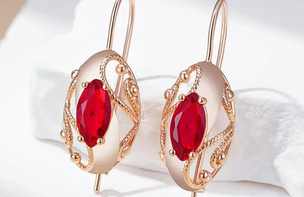 EcoWarra Gold-color Wbmqda Retro Red Stone Drop Earrings for Women 585 Rose Gold Color Fine Ethnic Jewelry Accessories