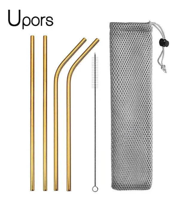 EcoWarra Gold with bag UPORS Reusable Drinking Straw 304 Stainless Steel Straws Straight Bent Metal Straw with Cleaner Brush Pouch Wholesale