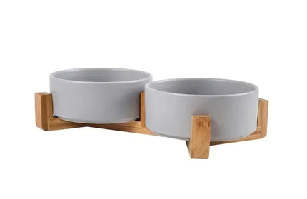 EcoWarra GRAY / 11cm Ceramic Pet Bowl Dish With Wood Stand No Spill Pet Ceramic Double Bowl For Dog Cat Food Water Feeder Cats Small Dogs Pet bowl