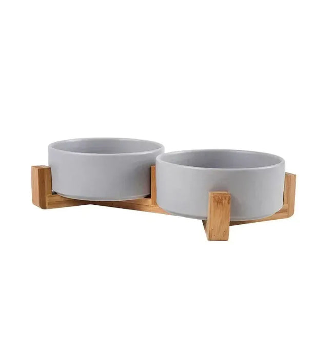 EcoWarra GRAY / 13cm Ceramic Pet Bowl Dish With Wood Stand No Spill Pet Ceramic Double Bowl For Dog Cat Food Water Feeder Cats Small Dogs Pet bowl