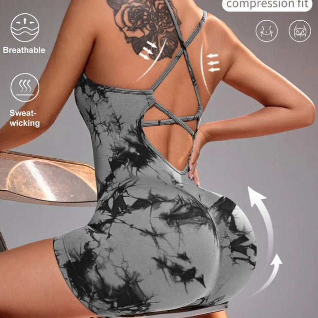 EcoWarra gray Tie Dye / L 15 Color One Piece Jumpsuit Shorts Elasticity Bodysuit Yoga Sports Workout Gym Set Women Clothes Sportswear Fitness Overalls