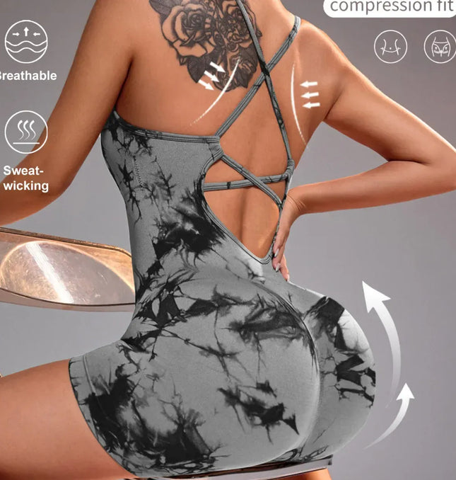 EcoWarra gray Tie Dye / S 15 Color One Piece Jumpsuit Shorts Elasticity Bodysuit Yoga Sports Workout Gym Set Women Clothes Sportswear Fitness Overalls