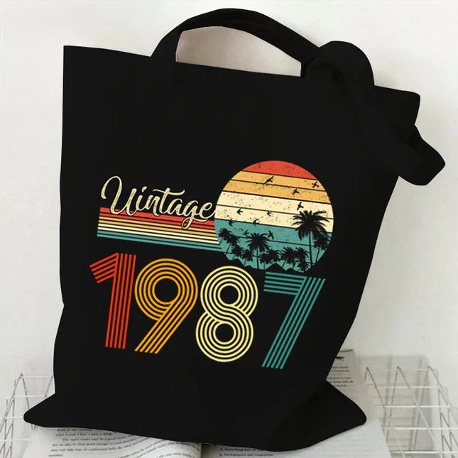 EcoWarra GRAY Vintage 1984 Tote Bag Vintage 1980~1989 Tote Bags Canvas Shoulder Bags Reusable Foldable Large Capacity Shopping Bag