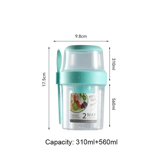 EcoWarra Green 560ml Portable Fitness Weight Reducing Salad Cup Breakfast Fruit Oat Yogurt Cup Lid Spoon Outdoor Food Storage Picnic Bento Box