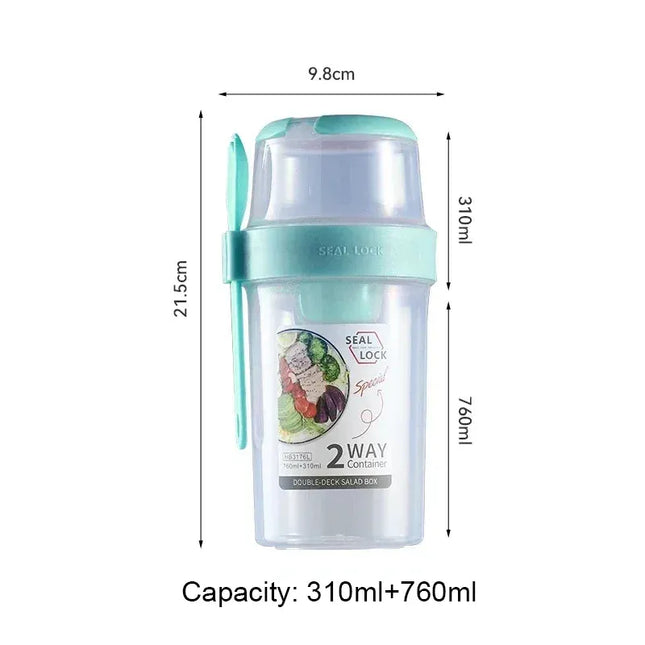 EcoWarra Green 760ml Portable Fitness Weight Reducing Salad Cup Breakfast Fruit Oat Yogurt Cup Lid Spoon Outdoor Food Storage Picnic Bento Box