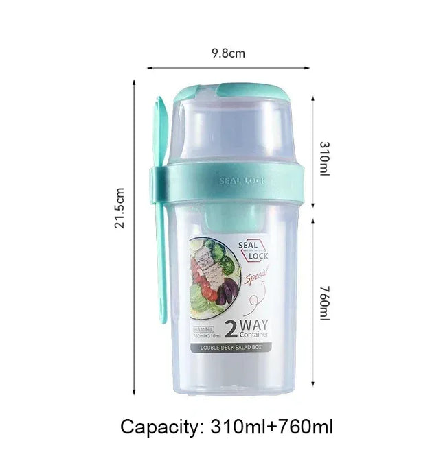 EcoWarra Green 760ml Portable Fitness Weight Reducing Salad Cup Breakfast Fruit Oat Yogurt Cup Lid Spoon Outdoor Food Storage Picnic Bento Box