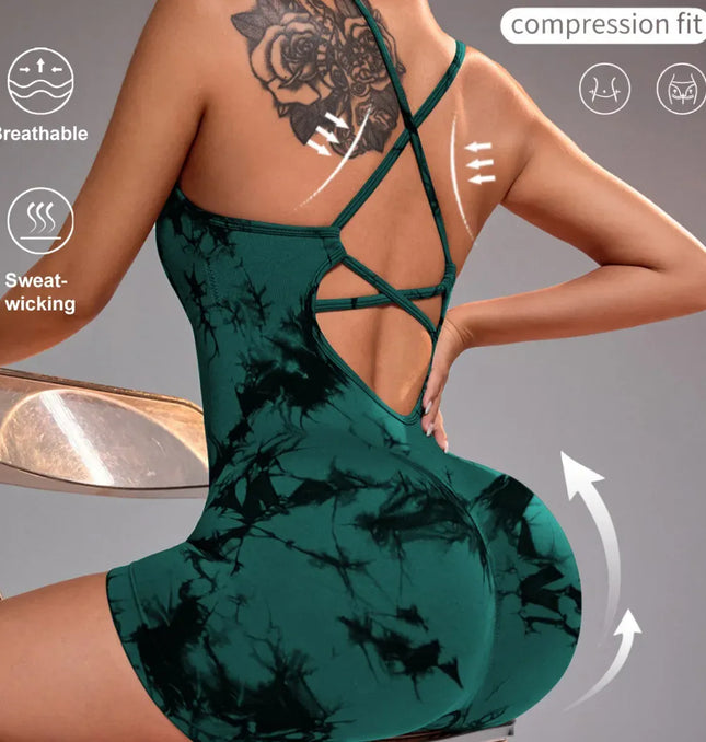 EcoWarra green Tie Dye / M 15 Color One Piece Jumpsuit Shorts Elasticity Bodysuit Yoga Sports Workout Gym Set Women Clothes Sportswear Fitness Overalls
