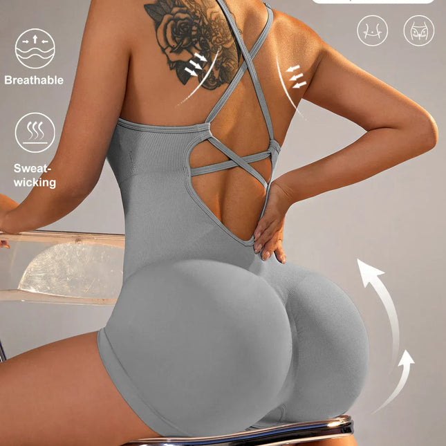 EcoWarra grey / M 15 Color One Piece Jumpsuit Shorts Elasticity Bodysuit Yoga Sports Workout Gym Set Women Clothes Sportswear Fitness Overalls