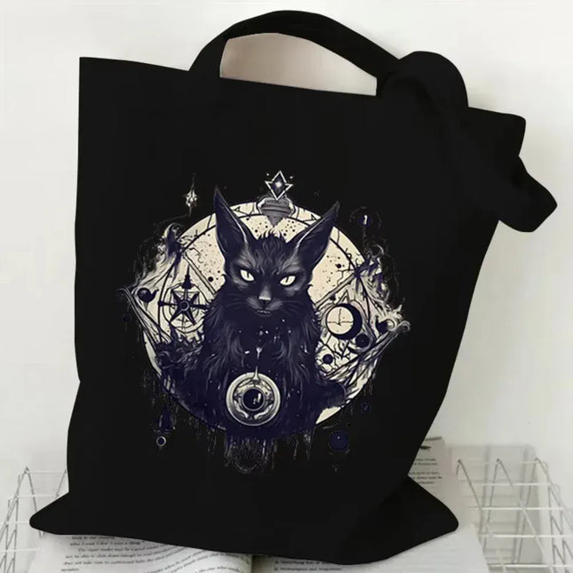 EcoWarra Halloween Gothic-style Dark Cat Canvas Tote Bag Shoulder Bag Casual Shoulder Bag Eco Bag for Shopping Office Travel Yoga School