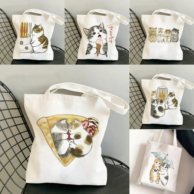 EcoWarra Kawai Cats and Food Creativity Inspired Canvas Bag Casual Shoulder Bag Eco Friendly Little Cat Bag for Shopping Office Travel