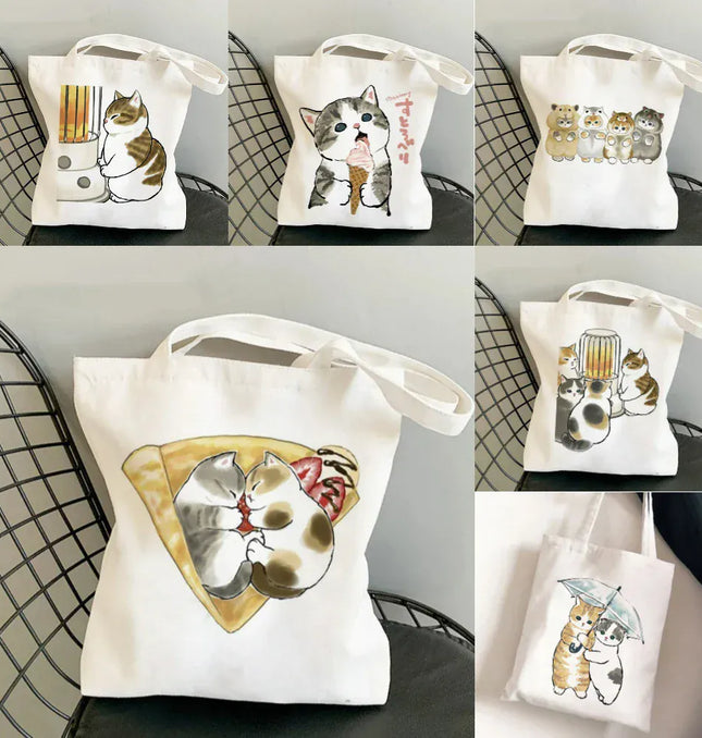EcoWarra Kawai Cats and Food Creativity Inspired Canvas Bag Casual Shoulder Bag Eco Friendly Little Cat Bag for Shopping Office Travel