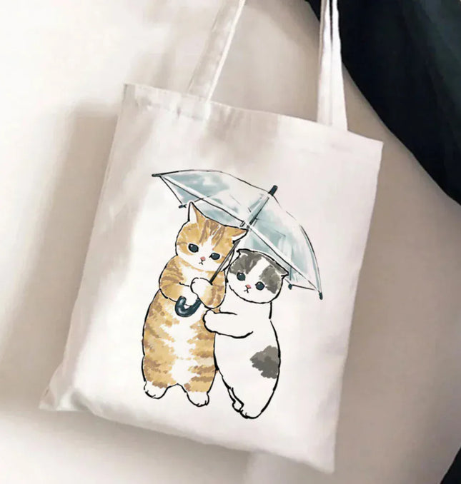 EcoWarra Kawai Cats and Food Creativity Inspired Canvas Bag Casual Shoulder Bag Eco Friendly Little Cat Bag for Shopping Office Travel