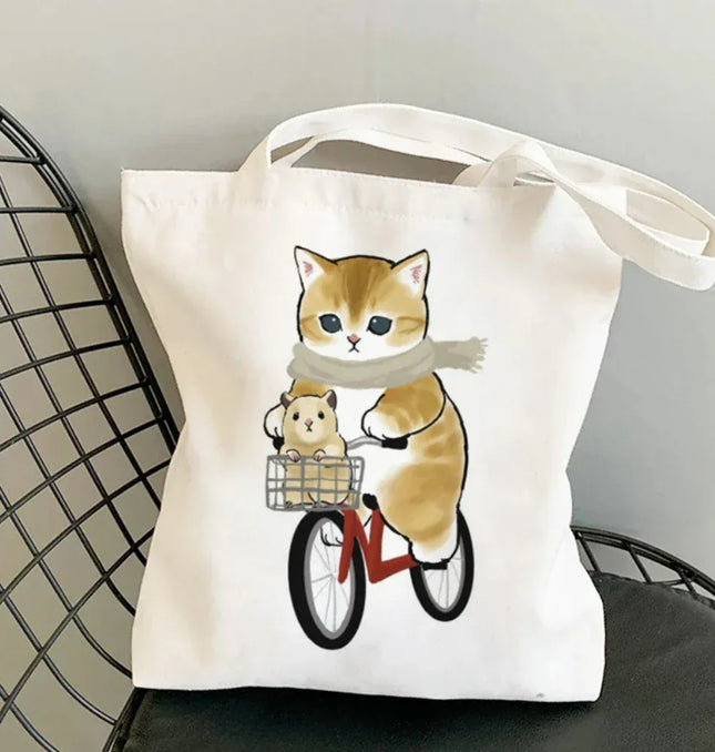 EcoWarra Kawai Cats and Food Creativity Inspired Canvas Bag Casual Shoulder Bag Eco Friendly Little Cat Bag for Shopping Office Travel
