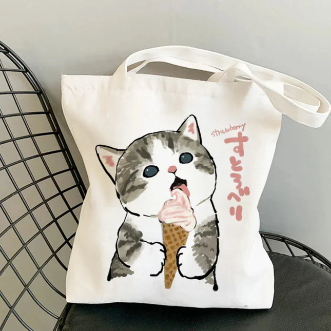 EcoWarra Kawai Cats and Food Creativity Inspired Canvas Bag Casual Shoulder Bag Eco Friendly Little Cat Bag for Shopping Office Travel
