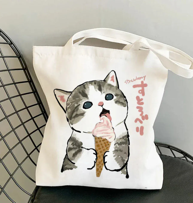 EcoWarra Kawai Cats and Food Creativity Inspired Canvas Bag Casual Shoulder Bag Eco Friendly Little Cat Bag for Shopping Office Travel