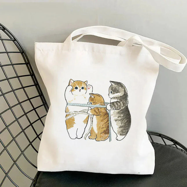 EcoWarra Kawai Cats and Food Creativity Inspired Canvas Bag Casual Shoulder Bag Eco Friendly Little Cat Bag for Shopping Office Travel