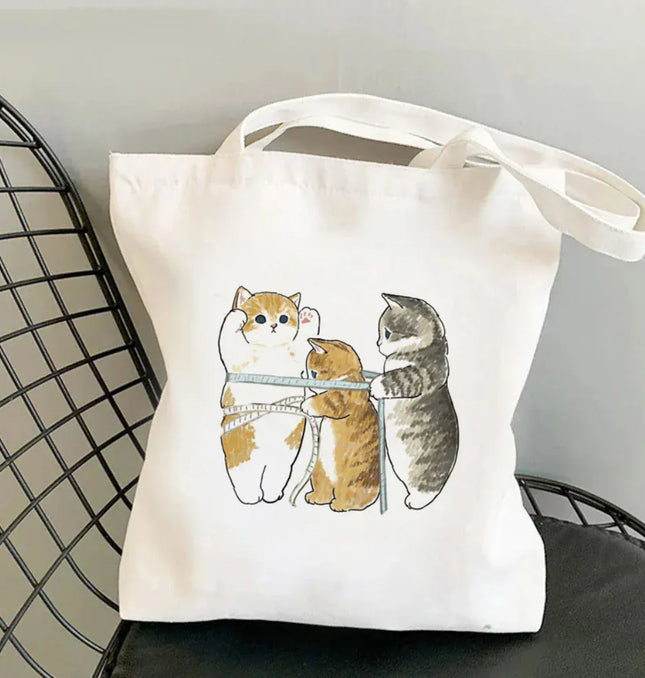 EcoWarra Kawai Cats and Food Creativity Inspired Canvas Bag Casual Shoulder Bag Eco Friendly Little Cat Bag for Shopping Office Travel