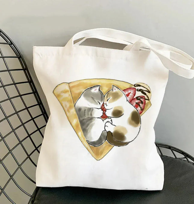 EcoWarra Kawai Cats and Food Creativity Inspired Canvas Bag Casual Shoulder Bag Eco Friendly Little Cat Bag for Shopping Office Travel