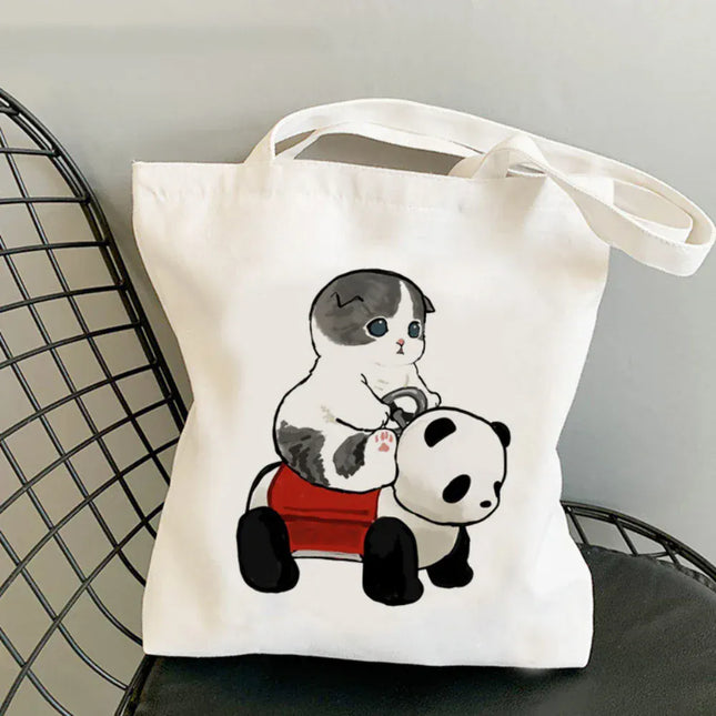 EcoWarra Kawai Cats and Food Creativity Inspired Canvas Bag Casual Shoulder Bag Eco Friendly Little Cat Bag for Shopping Office Travel