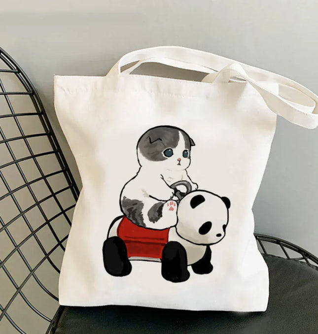 EcoWarra Kawai Cats and Food Creativity Inspired Canvas Bag Casual Shoulder Bag Eco Friendly Little Cat Bag for Shopping Office Travel
