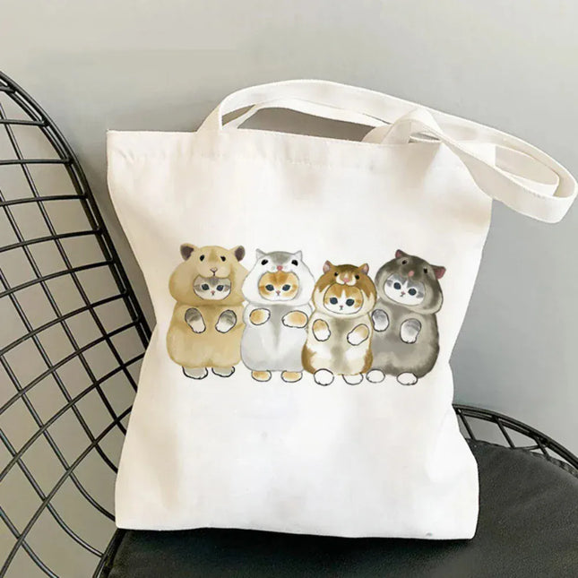 EcoWarra Kawai Cats and Food Creativity Inspired Canvas Bag Casual Shoulder Bag Eco Friendly Little Cat Bag for Shopping Office Travel