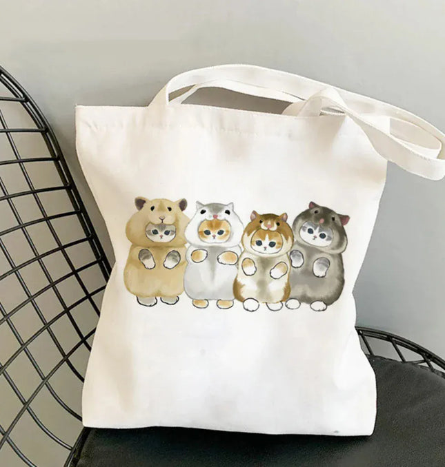 EcoWarra Kawai Cats and Food Creativity Inspired Canvas Bag Casual Shoulder Bag Eco Friendly Little Cat Bag for Shopping Office Travel
