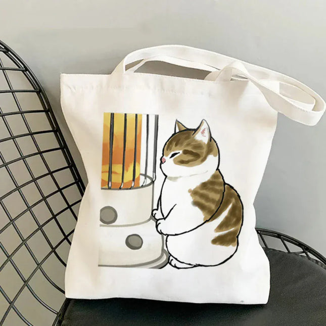 EcoWarra Kawai Cats and Food Creativity Inspired Canvas Bag Casual Shoulder Bag Eco Friendly Little Cat Bag for Shopping Office Travel