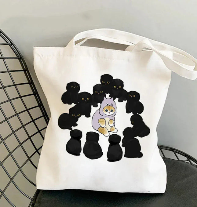 EcoWarra Kawai Cats and Food Creativity Inspired Canvas Bag Casual Shoulder Bag Eco Friendly Little Cat Bag for Shopping Office Travel