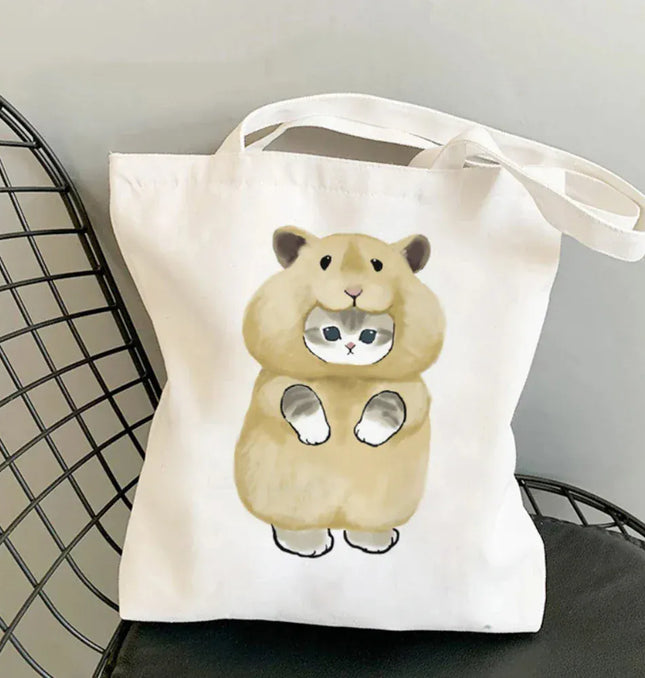 EcoWarra Kawai Cats and Food Creativity Inspired Canvas Bag Casual Shoulder Bag Eco Friendly Little Cat Bag for Shopping Office Travel