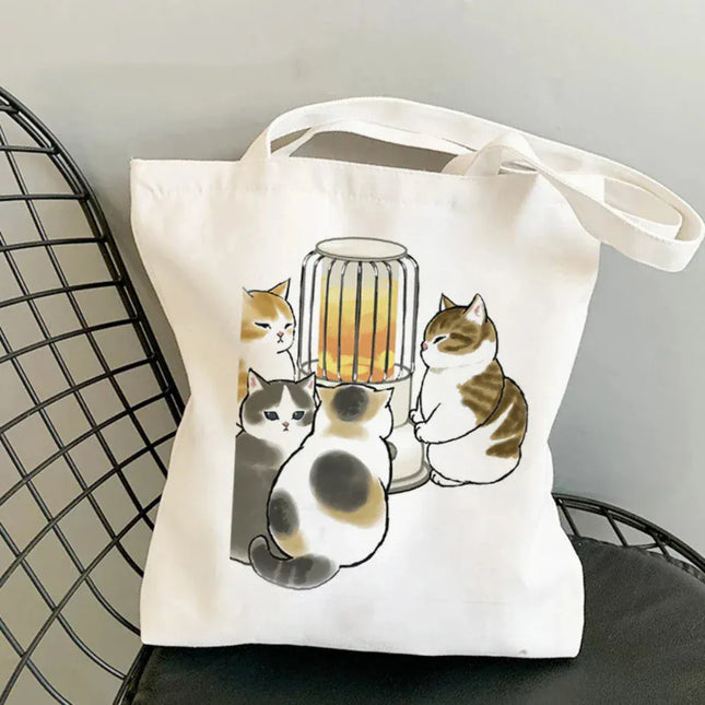 EcoWarra Kawai Cats and Food Creativity Inspired Canvas Bag Casual Shoulder Bag Eco Friendly Little Cat Bag for Shopping Office Travel