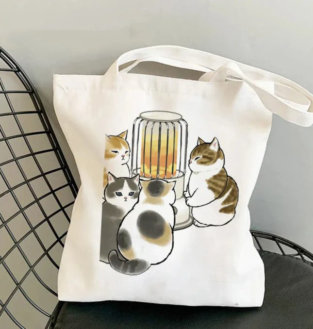 EcoWarra Kawai Cats and Food Creativity Inspired Canvas Bag Casual Shoulder Bag Eco Friendly Little Cat Bag for Shopping Office Travel