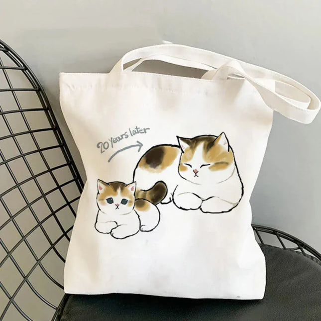 EcoWarra Kawai Cats and Food Creativity Inspired Canvas Bag Casual Shoulder Bag Eco Friendly Little Cat Bag for Shopping Office Travel
