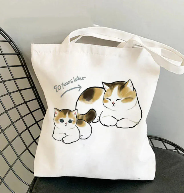 EcoWarra Kawai Cats and Food Creativity Inspired Canvas Bag Casual Shoulder Bag Eco Friendly Little Cat Bag for Shopping Office Travel