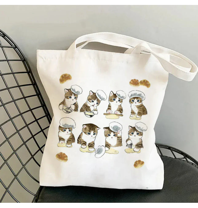 EcoWarra Kawai Cats and Food Creativity Inspired Canvas Bag Casual Shoulder Bag Eco Friendly Little Cat Bag for Shopping Office Travel