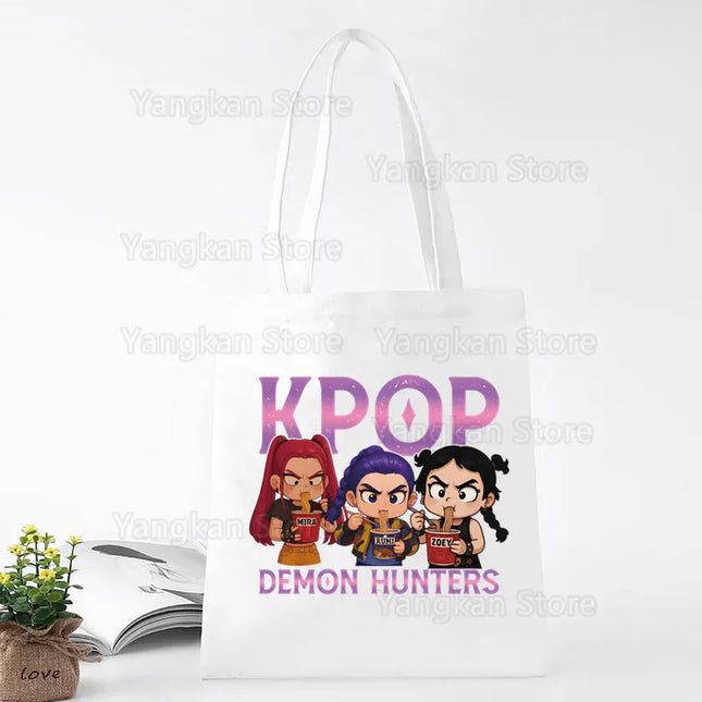 EcoWarra Kpop Demon Hunter Canvas Bag Women Girls Simple Large Capacity Demon Hunters Handbag Shoulder Bag Tote Reusable Student Bookbag