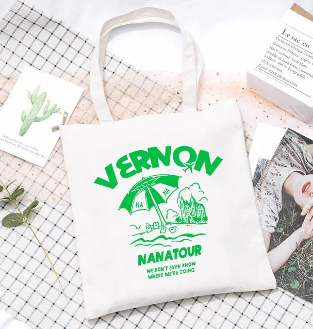 EcoWarra Kpop Nanatour Shoulder Bag Summer Simple White Letter Print Canvas Bag S.Coups Jeonghan Y2k Women's Travel Handbag Eco