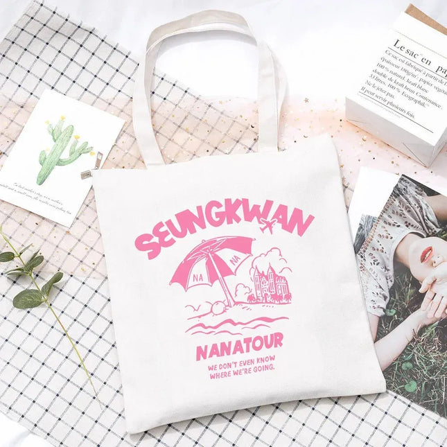 EcoWarra Kpop Nanatour Shoulder Bag Summer Simple White Letter Print Canvas Bag S.Coups Jeonghan Y2k Women's Travel Handbag Eco