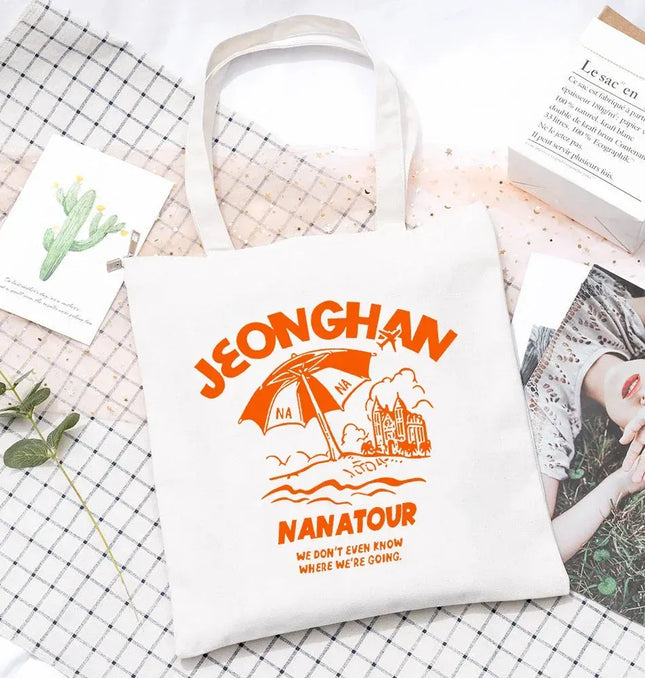EcoWarra Kpop Nanatour Shoulder Bag Summer Simple White Letter Print Canvas Bag S.Coups Jeonghan Y2k Women's Travel Handbag Eco