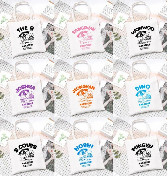 EcoWarra Kpop Nanatour Shoulder Bag Summer Simple White Letter Print Canvas Bag S.Coups Jeonghan Y2k Women's Travel Handbag Eco
