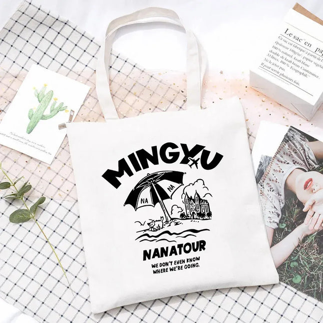 EcoWarra Kpop Nanatour Shoulder Bag Summer Simple White Letter Print Canvas Bag S.Coups Jeonghan Y2k Women's Travel Handbag Eco