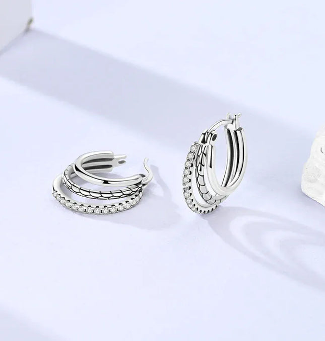 EcoWarra KTE415 Triple Stone Snake Hoop Earrings – 925 Silver