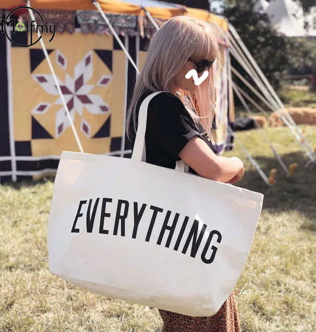 EcoWarra Large Capacity Canvas Tote Bag Extra Letters Fashion Beach Totes Bags Reusable Travel Shopping Handbag Grocery Bag Bolsos Mujer