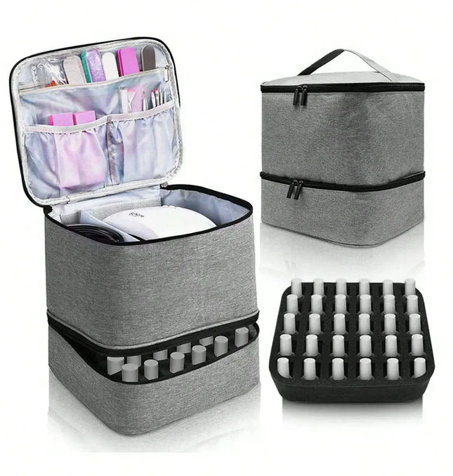 EcoWarra Light Grey 30 Bottles Nail Polish Storage Bag 2024 Portable Cosmetic Large Handbag Organizer Handle for Travel 2 Layer Essential Oil Bag