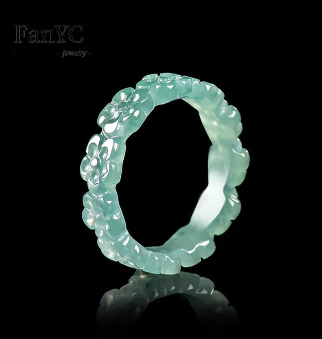 EcoWarra Natural Jadeite Blue Water Three-dimensional Peach Blossom Ring Ice Jade Stone Couple's Fashionable and Charming Jewellery Gift