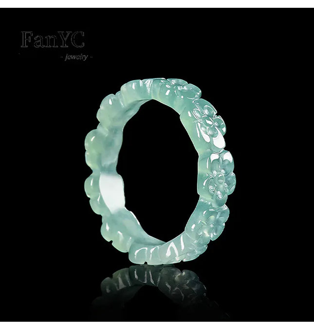 EcoWarra Natural Jadeite Blue Water Three-dimensional Peach Blossom Ring Ice Jade Stone Couple's Fashionable and Charming Jewellery Gift