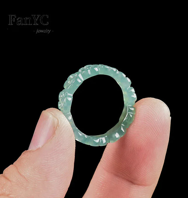 EcoWarra Natural Jadeite Blue Water Three-dimensional Peach Blossom Ring Ice Jade Stone Couple's Fashionable and Charming Jewellery Gift